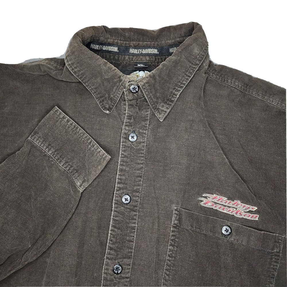 Harley Davidson Mens XL Brown Corduroy Snap‎ Collar Long Sleeve Embroidery Logo